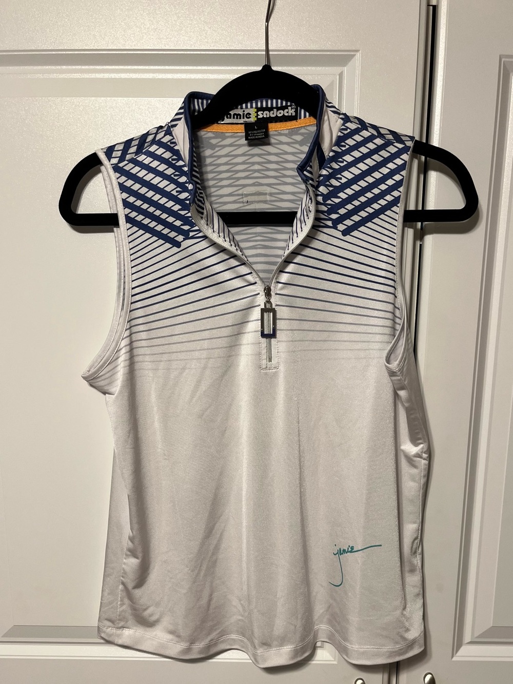 jamie sadock White golf athletic Polo with Navy Stripes and Orange Trim-L